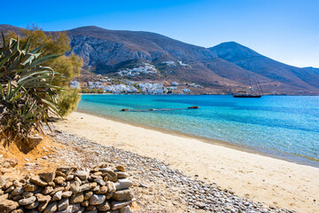 View of idyllic sandy beach in Aigiali bay (Ormos Egialis), Amorgos island, Cyclades, Greece