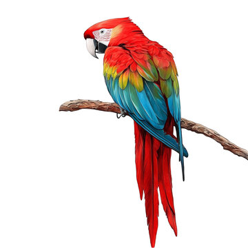 Scarlet Macaw Parrot Perched on a Branch Vibrant Red Blue Green and Yellow Plumage Tropical Bird Wildlife Nature Colorful Feathers Exotic Animal Ornithology Amazon Rainforest PNG Transparent