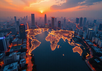 Obraz premium aerial view bangkok captures glowing earth map sunset vibrant cityscape showcasing asian culture international business