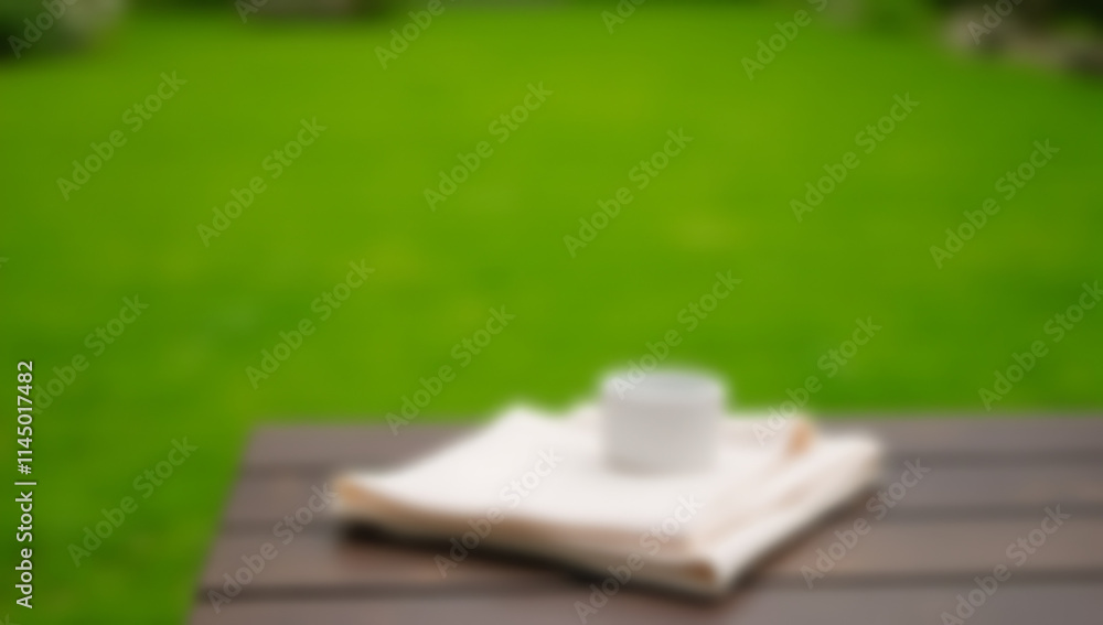 Poster a table and a piece of cloth rest on a blurred green lawn in the background to create an atmosphere.