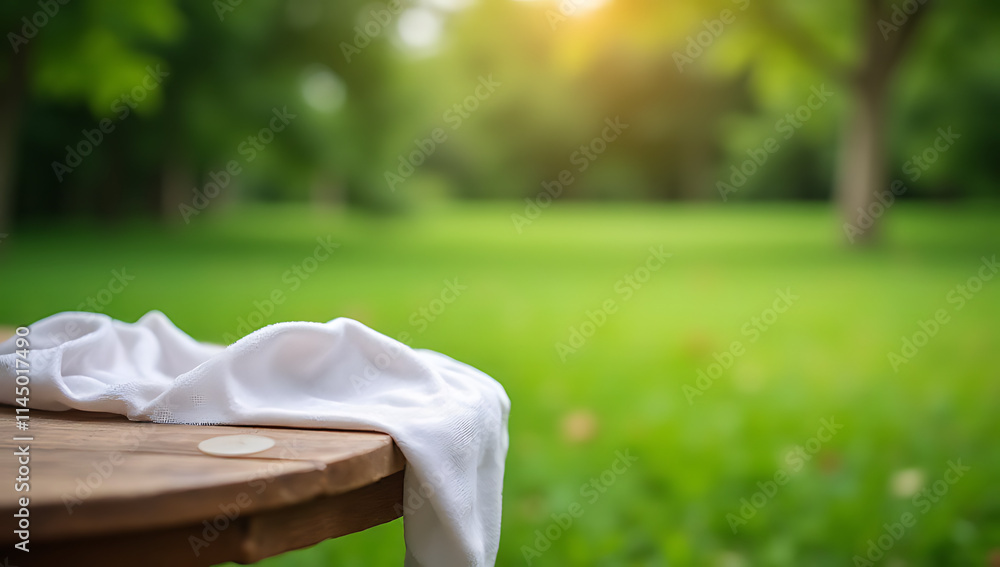 Poster a table and a piece of cloth rest on a blurred green lawn in the background to create an atmosphere.