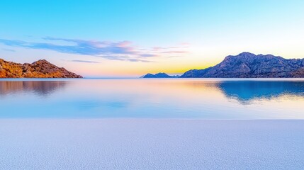 Fototapeta premium Calm sea bay surrounded by mountains under a colorful sunset sky, viewed from a clean white sand beach.