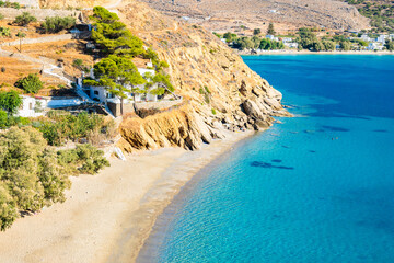 View of amazing sandy Hochlaka beach in Aigiali bay (Ormos Egialis), Amorgos island, Cyclades,...