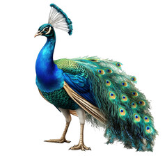 Obraz premium Majestic Peacock Vibrant Plumage Full Body Shot Isolated on White Background Male Peafowl Displaying Feathers Pride Beauty Nature Wildlife Ornithology Colorful Bird Animal Kingdom Exquisite