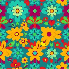 Retro Floral Delight: A vibrant and cheerful pattern of colorful flowers in a retro style, perfect for adding a touch of whimsy and nostalgia to any design.  