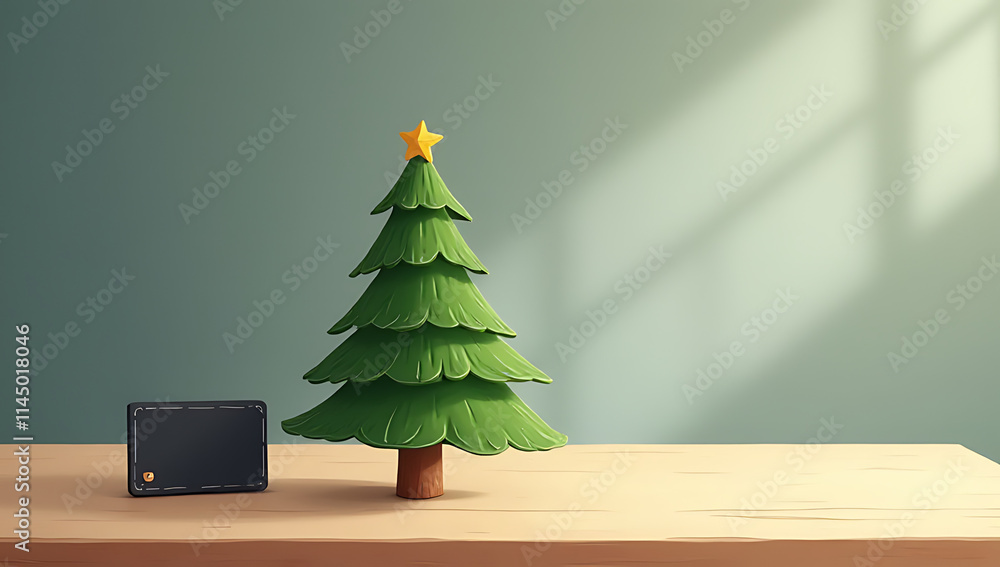 Poster A small, cute pine tree illustration is placed on a simple wooden table with a black label in the background._00001_
