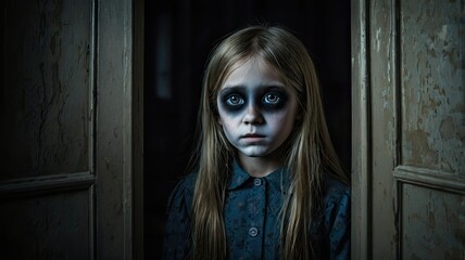 A girl with pale skin and striking dark makeup stares from a doorway in an eerie dimly lit environment creating a chilling atmosphere