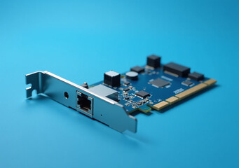 blue background network interface card embedded underneath surface modern computer systems