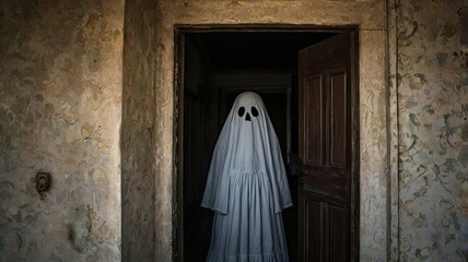 Naklejka premium A ghostly figure wearing a white dress with a haunting expression stands at the entrance of a dimly lit old room creating an unsettling atmosphere