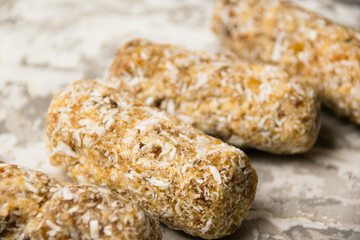 Delicious homemade energy bars without sugar on light background. Diet and healthy eating concept