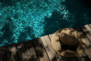 Entspannender Moment: Sonnenhut am Poolrand mit glitzerndem Wasser

