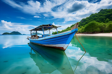 Fototapeta premium Charming Antique Boat Anchored amidst Lush Seascape - A Stunning Capture of Maritime Beauty and Tranquil Seashore