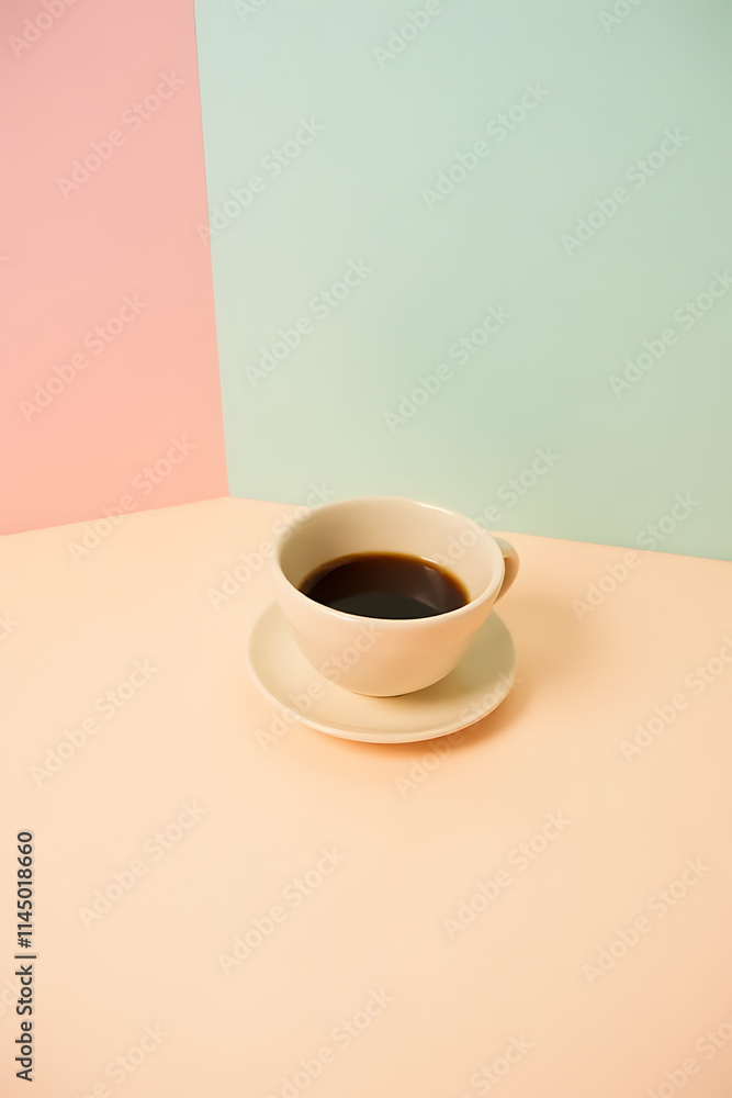 Poster a small cup of coffee sits on a brightly colored pastel background with a subtle soft focus effect._