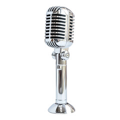 Fototapeta premium Modern metallic silver microphone icon, sleek design, minimalistic style, set against a clean white background