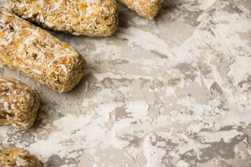Delicious homemade energy bars without sugar on light background. Diet and healthy eating concept