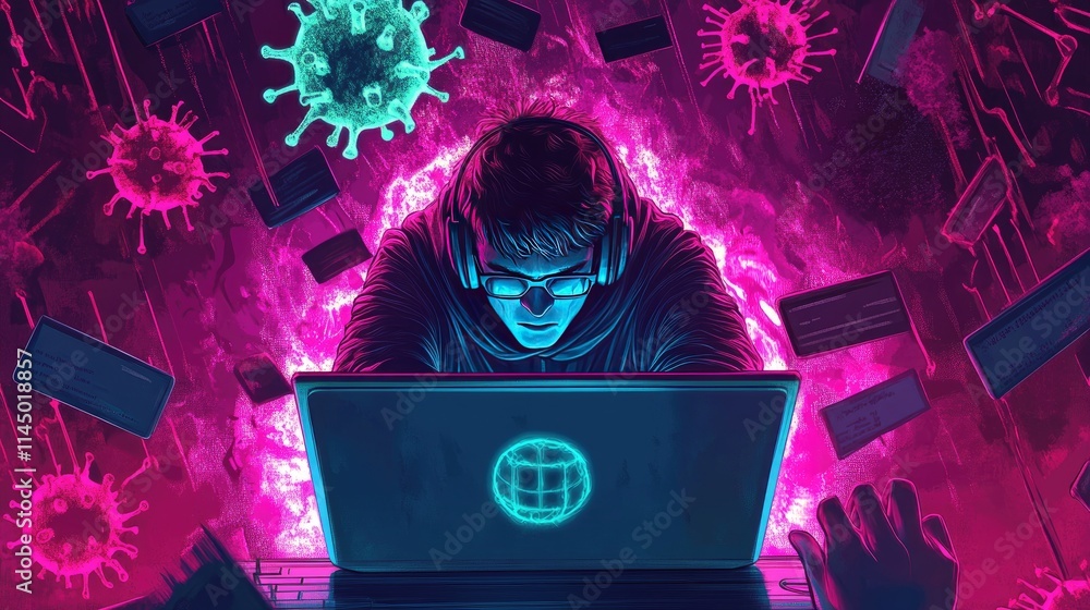 Poster vector art of a hacker emerging from a laptop screen, stealing file icons, with cybercrime elements 