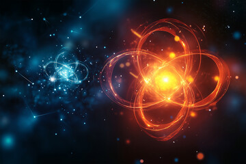 Glowing atomic symbol in dark science lab setting with swirling light particles, symbolizing energy, technology, and quantum physics.