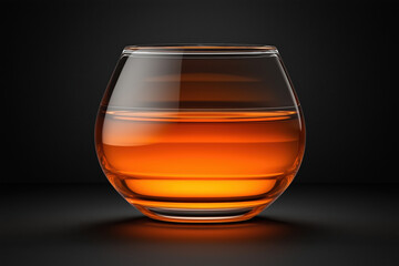 Glass of amber liquid on a dark background with smooth reflections and clarity