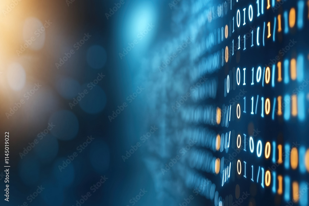 Poster bright binary code patterns illuminate a digital landscape in futuristic technology