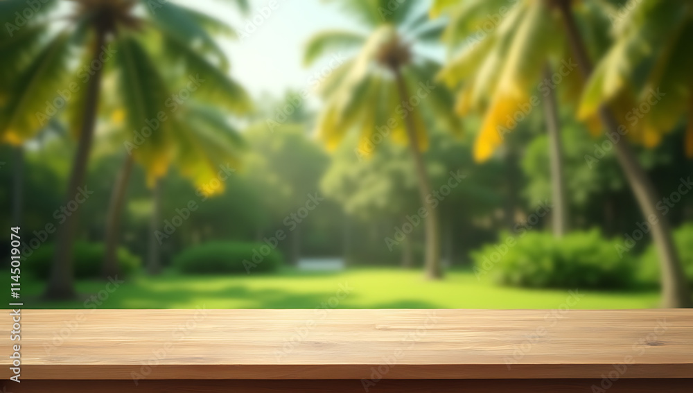 Poster a simple wooden table stands empty in front of a blurred coconut tree against a serene garden backgr