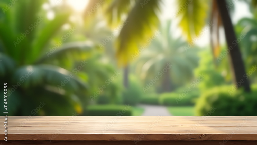Poster a simple wooden table stands empty in front of a blurred coconut tree against a serene garden backgr