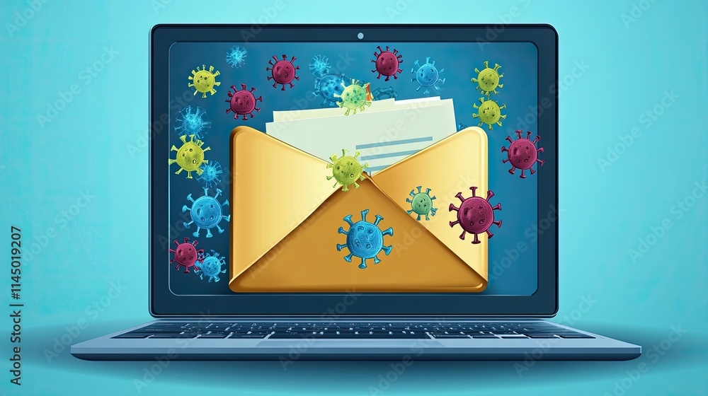 Poster vector illustration of a document folder icon with virus and malware warnings displayed on a laptop 