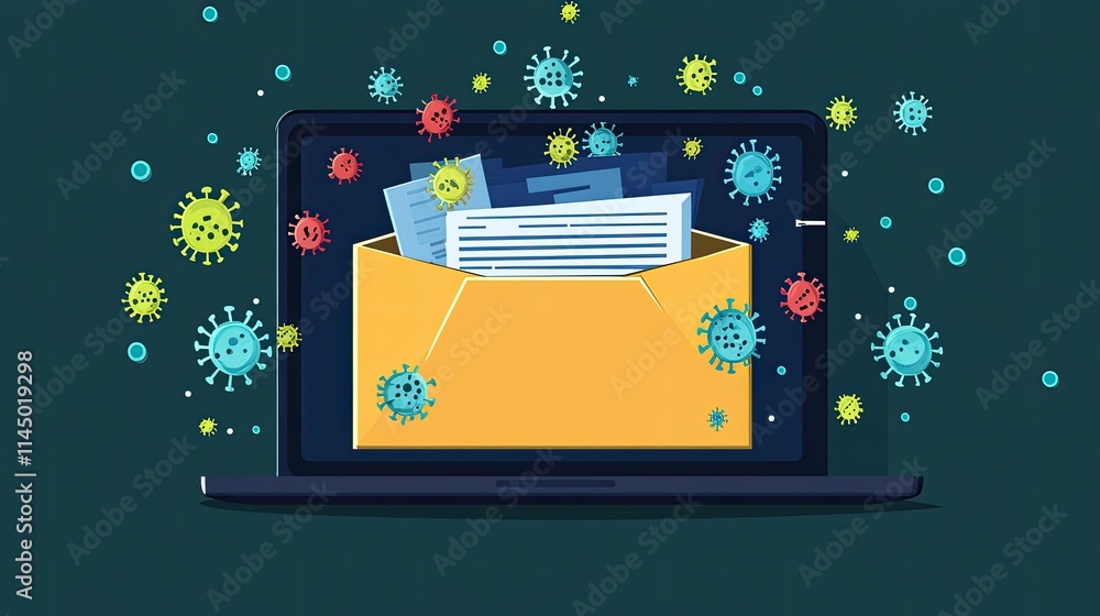 Poster vector illustration of a document folder icon with virus and malware warnings displayed on a laptop 