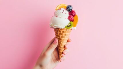 A Delectable Fruit-Topped Ice Cream Cone, A Summer Delight