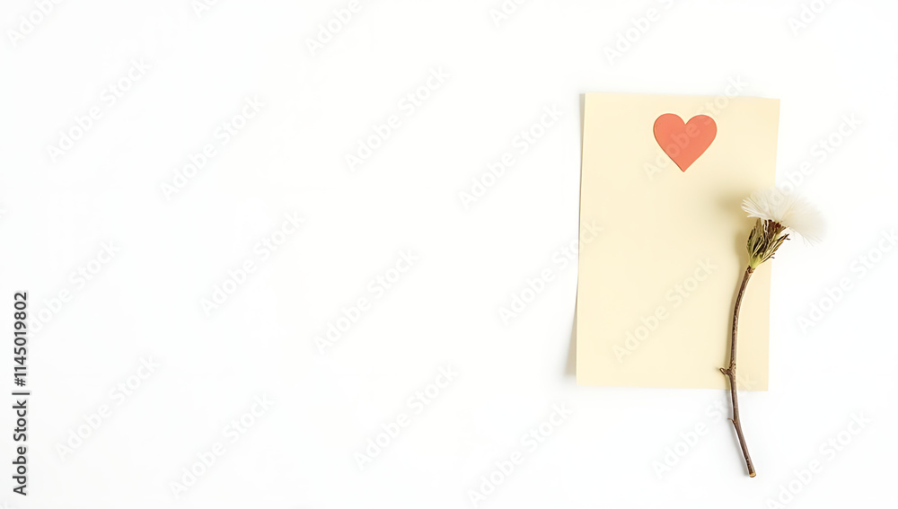 Poster a simple heart design features a dry branch flower alongside a piece of notepaper set against a clea