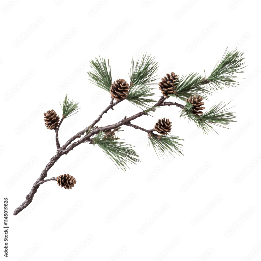 Poster pine tree branch with cones, detailed illustration of a pine branch featuring multiple cones, ideal 