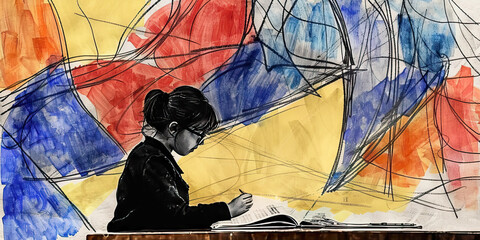 Girl Writing at Table with Abstract Watercolor Background