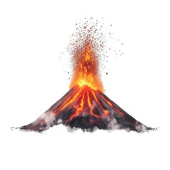 Volcano eruption isolated on white background explosive volcanic eruption with magma fire and smoke hot molten lava flowing from volcanic crater natural disaster catastrophe geology nature power