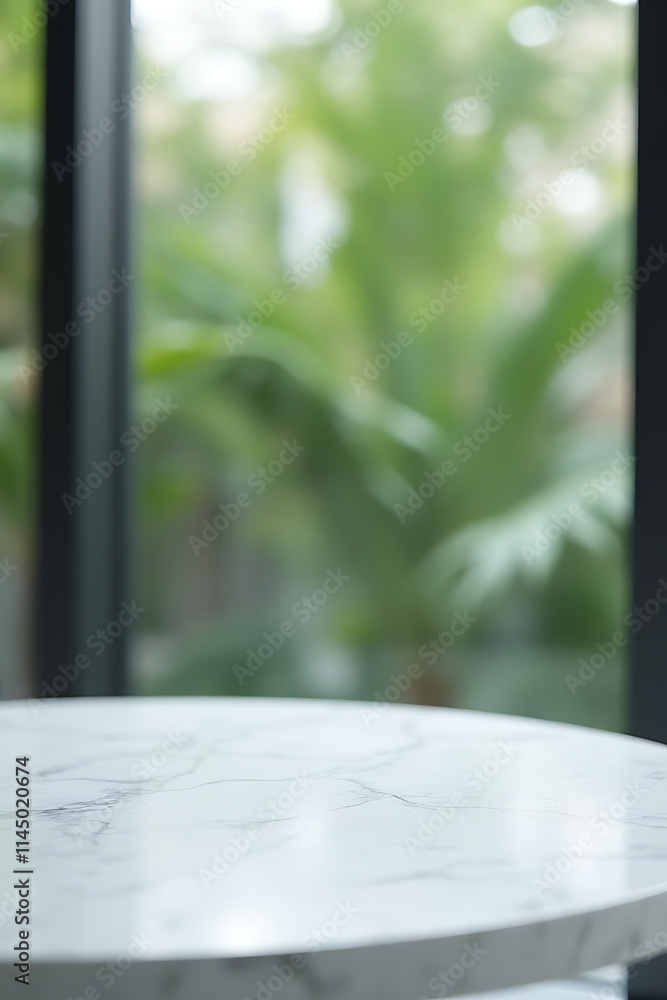 Poster a selectively focused image of a marble table top against a blurred abstract window glass background
