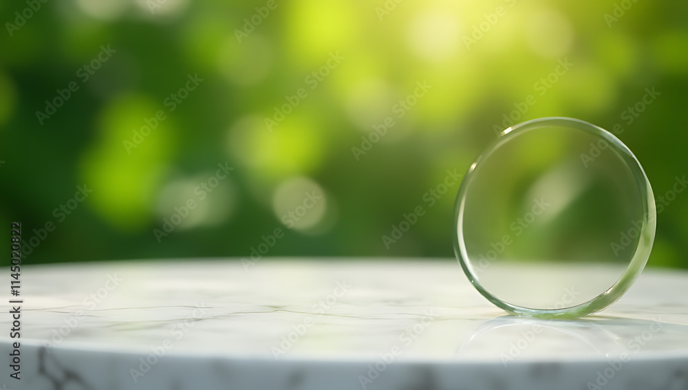 Poster a selectively focused circle highlights a marble tabletop on a blurred green garden background for p