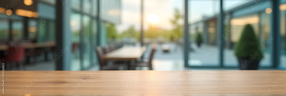 Poster a selective focus photograph shows a wooden table top with blurred glass window and distant building