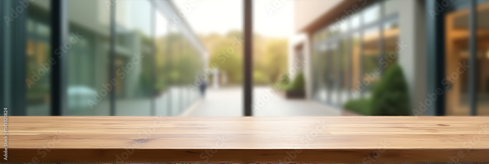 Poster a selective focus photograph shows a wooden table top with blurred glass window and distant building