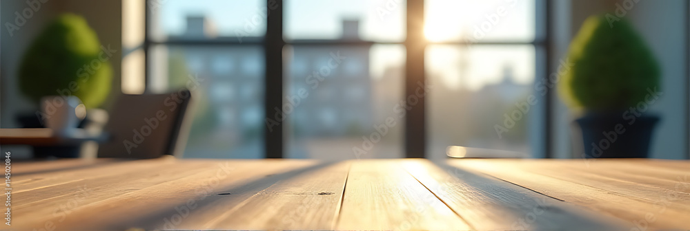 Poster A selective focus photograph shows a wooden table top with blurred glass window and distant building in the background._00001_