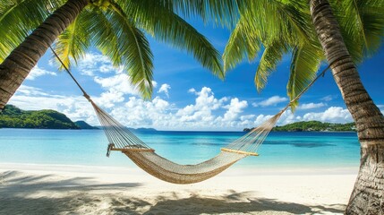 Fototapeta premium A hammock tied between two palm trees, swaying gently over a sandy tropical beach.