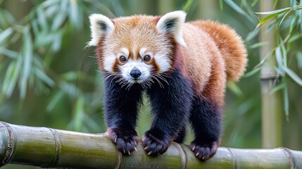 Fototapeta premium A cute red panda with reddish-brown fur walks along a thick green bamboo stalk in a forest.