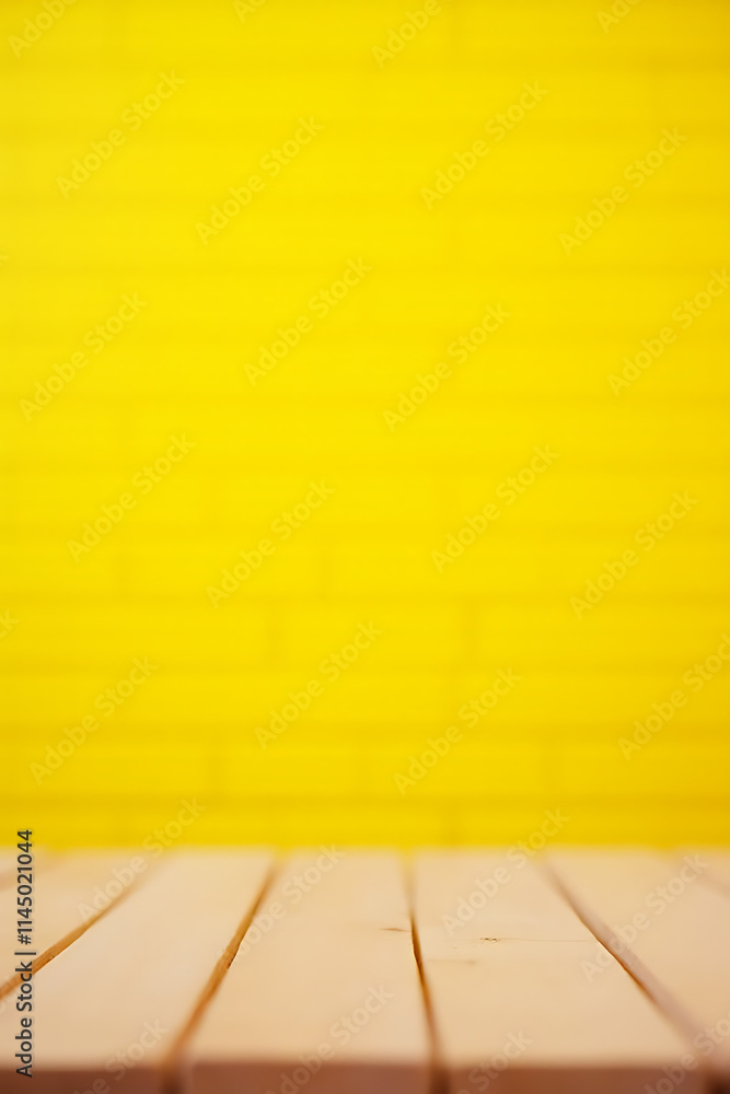Poster a selective focus on an empty wooden table top against a bright yellow brick wall background is crea