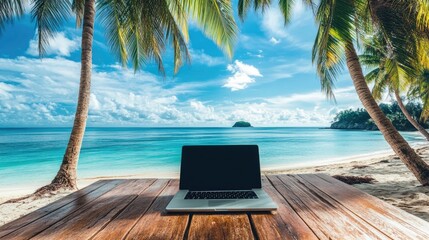 A laptop on a wooden table overlooking a serene beach with palm trees and turquoise waters, highlighting remote work convenience.