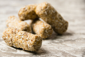 Delicious homemade energy bars without sugar on light background. Diet and healthy eating concept