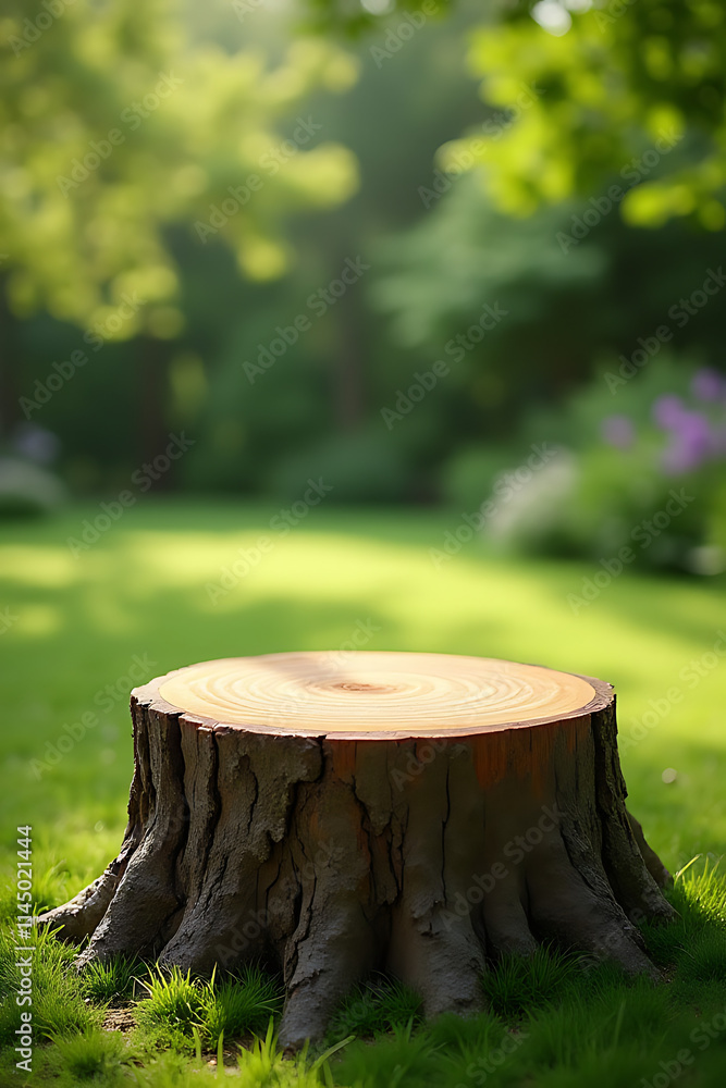 Aufkleber a rustic tree stump serves as a unique and visually appealing tabletop in a serene green garden sett