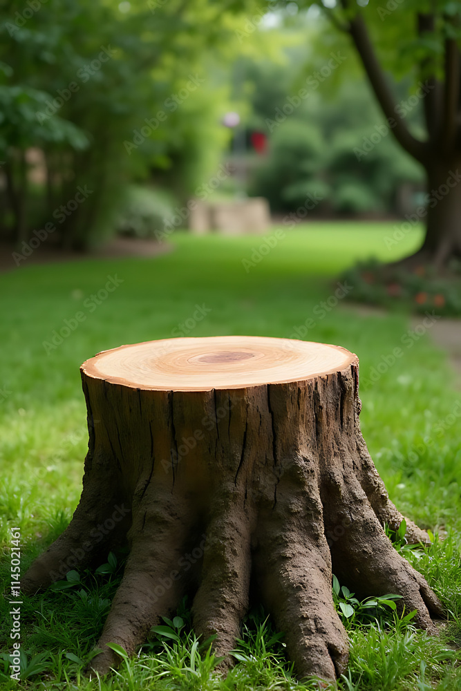 Aufkleber a rustic tree stump serves as a unique and visually appealing tabletop in a serene green garden sett