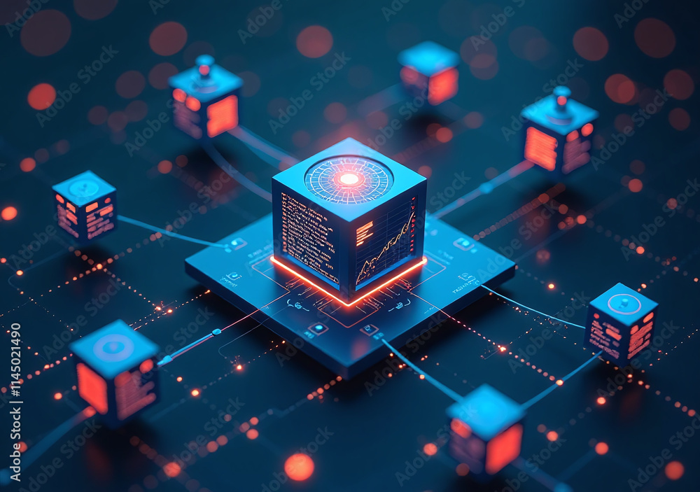 Poster data hub levitating cubes represents complex network interconnected