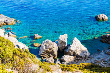 Rocks on amazing sea coast near Agia Anna beach, Amorgos island, Cyclades, Greece