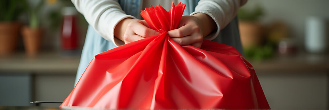 A red plastic bag is used for food waste disposal, but recycling can help reduce its environmental impact significantly always._00002_