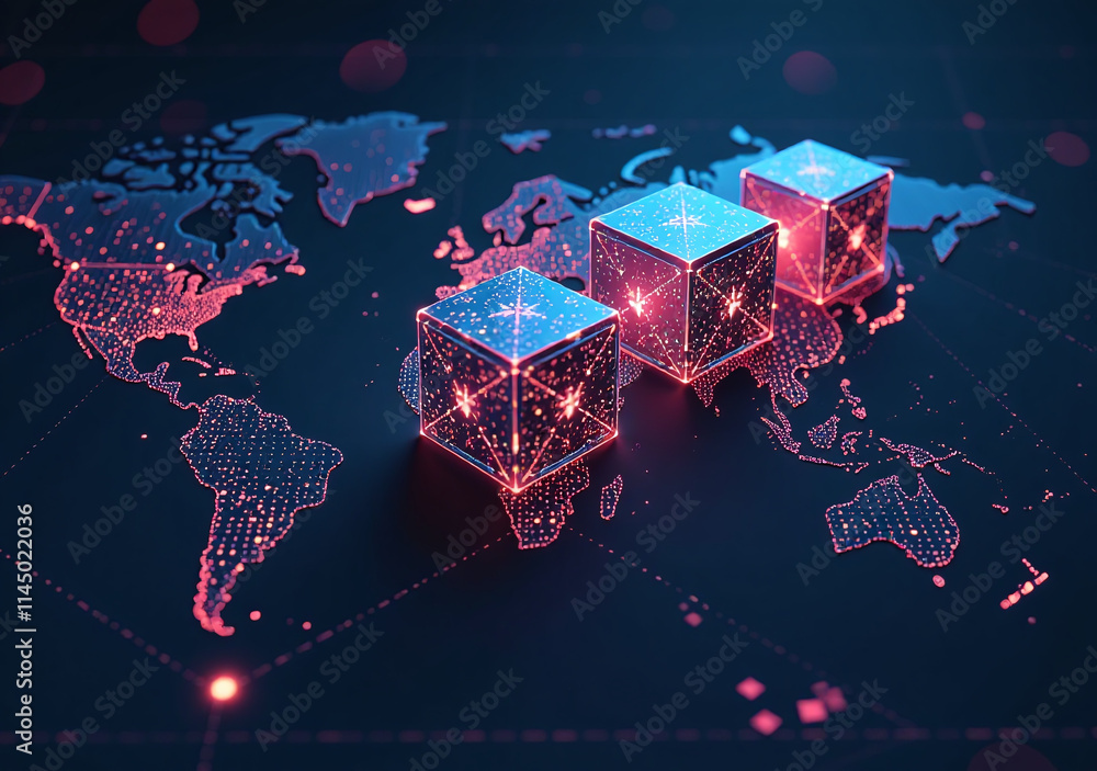 Poster decentralized blockchain technology uses nanotech cubes cyberspace secure information flow
