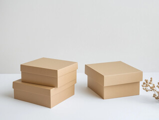 Fototapeta premium Packaging concept, gift box made of eco-friendly brown paper, minimalist composition with soft accents on white, Minimalist Eco-Friendly Gift Box