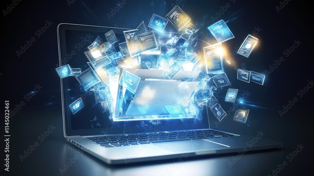 Poster document folder on a laptop screen with cybercrime elements, including trojan horse icons and warnin